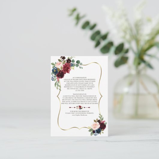 Trouwdetails Merlot Navy Blauw Bloemmotief Informatiekaartje (Staand voorkant)