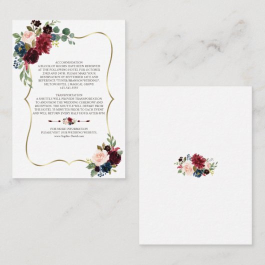 Trouwdetails Merlot Navy Blauw Bloemmotief Informatiekaartje (Voorkant / Achterkant)