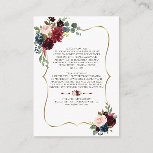 Trouwdetails Merlot Navy Blauw Bloemmotief Informatiekaartje (Voorkant)