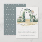 Trouwdetails met botanische bloemenboog aan zee informatiekaartje (Voorkant / Achterkant)