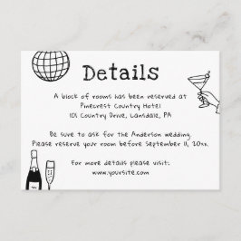 Trouwdetails met Doodles. Grappige Hotelaccommodat Informatiekaartje