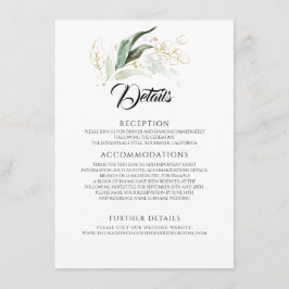 Trouwdetails met gouden bladeren en eucalyptusgroe informatiekaartje