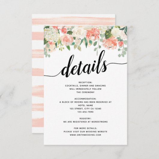 Trouwdetails met perzik- en blosbloemen informatiekaartje (Voorkant / Achterkant)