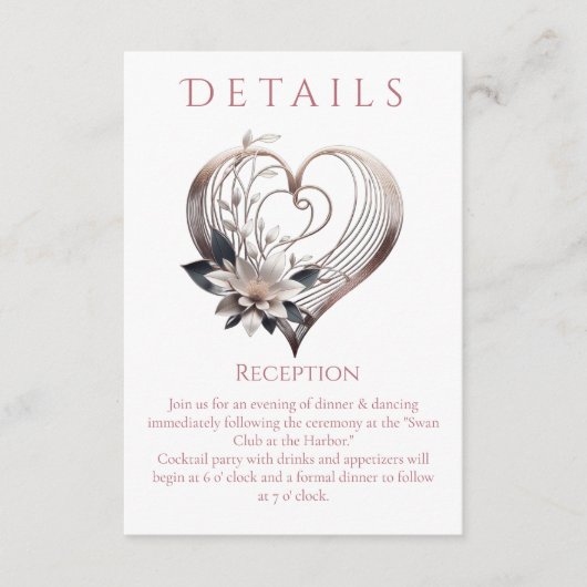 Trouwdetails - Modern roze hart met bloemen Informatiekaartje (Voorkant)