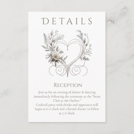 Trouwdetails - Moderne witte bloemen met een hart Informatiekaartje (Voorkant)