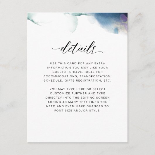 Trouwdetails, Paarse, Blauwe en Blauwgroen Waterve Informatiekaartje (Voorkant)