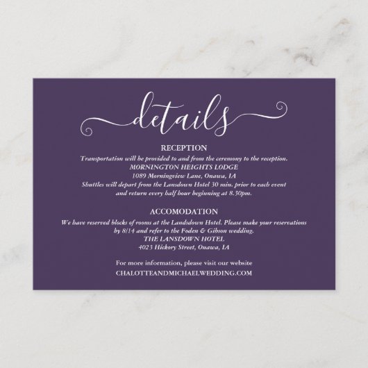 Trouwdetails Spring Lights Script Paars Informatiekaartje (Voorkant)