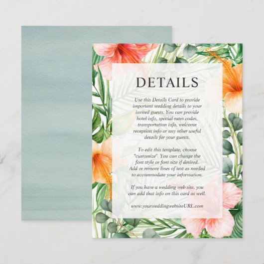 Trouwdetails Tropische Waterverf Bloemen Kaart (Voorkant / Achterkant)