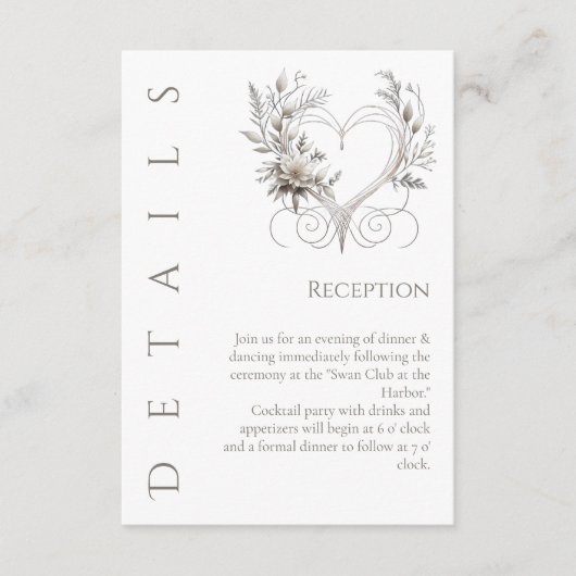 Trouwdetails - Witte bloemen met een hart Informatiekaartje (Voorkant)
