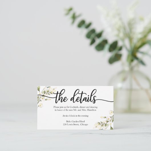 Trouwdetails Witte Crème Bloemen Behuizing Kaart (Staand voorkant)