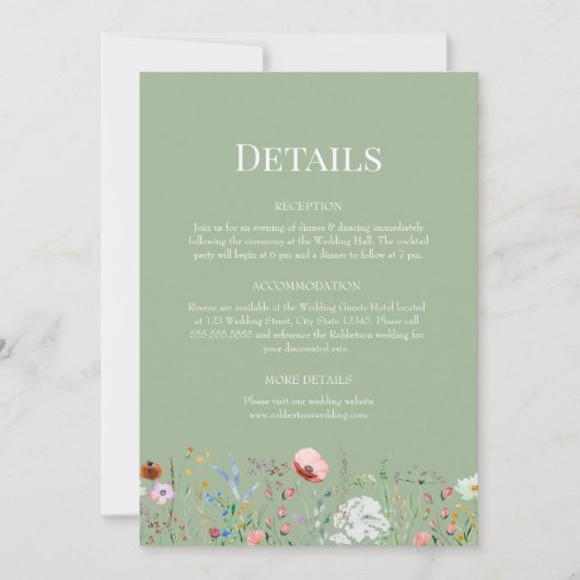 Trouwdetailskaart met saliegroene wilde bloemen kaart (Voorkant)