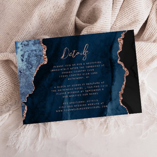 Trouwdetailskaart Navy Blue Rose Goud Agate Script Informatiekaartje