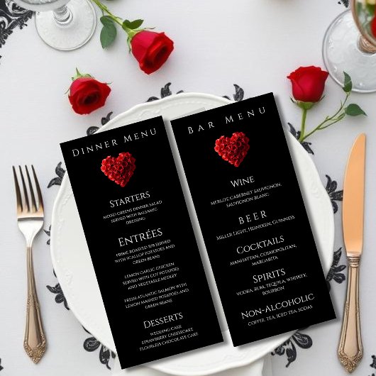 Trouwdiner en Bar Menu-Hartvormige Rode Rozen Menu