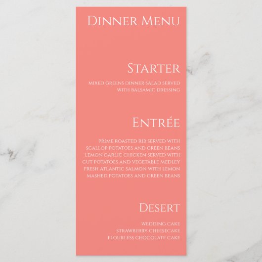 Trouwdiner en Bar Menu-Roze Koraal- Menu (Voorkant)