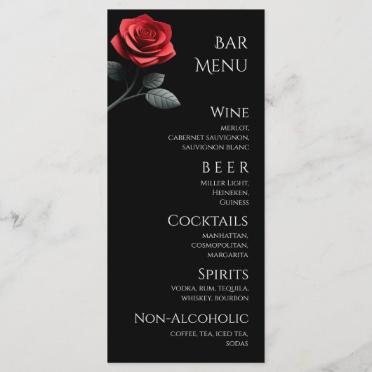 Trouwdiner en Bar Menu-Single Red Rose Menu (Achterkant)