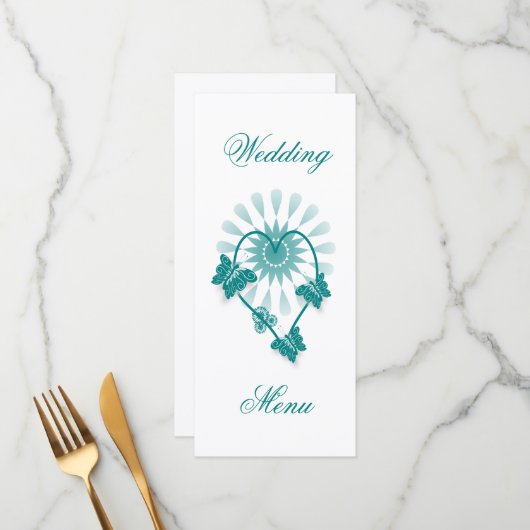 Trouwdiner Menu Blauwgroen Vlinders Hart (Voorkant / Achterkant in situ)