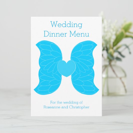 Trouwdiner Menu Blue Angel Wings Heart Design (Staand voorkant)