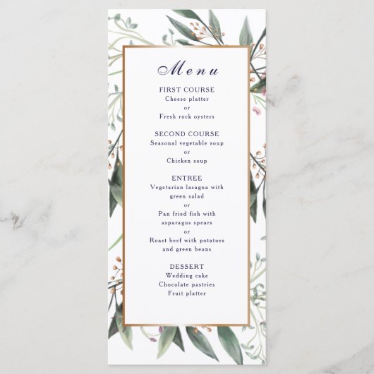 Trouwdiner menu groen blad goud lijst elegant (Voorkant)