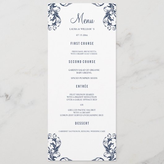 Trouwdiner Menu Kaarten | Navy Blue Damask Style (Voorkant)