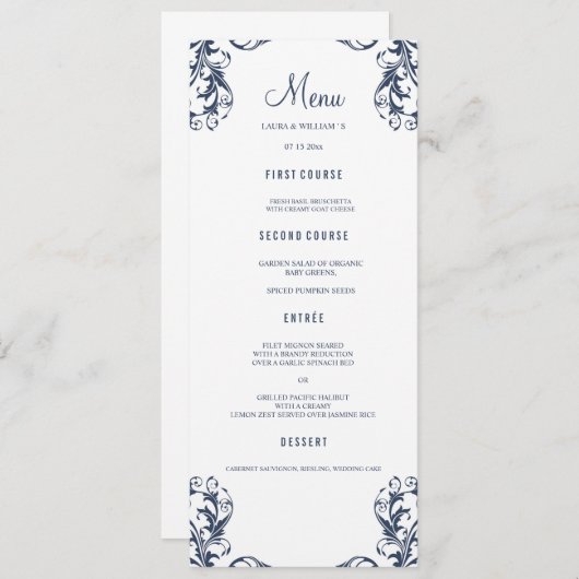 Trouwdiner Menu Kaarten | Navy Blue Damask Style (Voorkant / Achterkant)