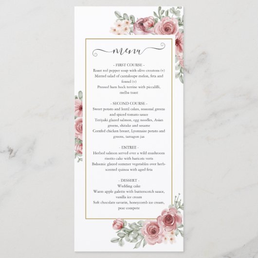 Trouwdiner Menu met Bloemige Stof Roze Goud (Voorkant)