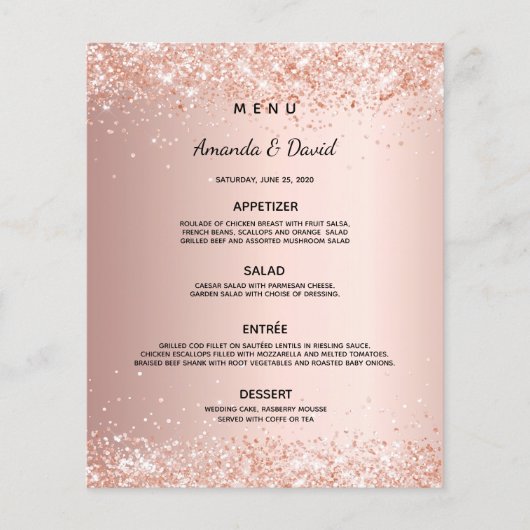 Trouwdiner menu roos gouden blush (Voorkant)