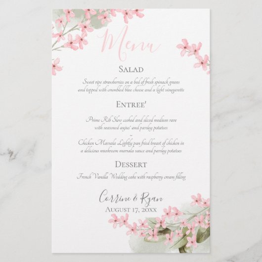 Trouwdiner Menu Roze Bloesem (Voorkant)