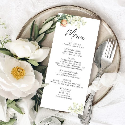 Trouwdiner Menu Waterverf Perzik Bloemen