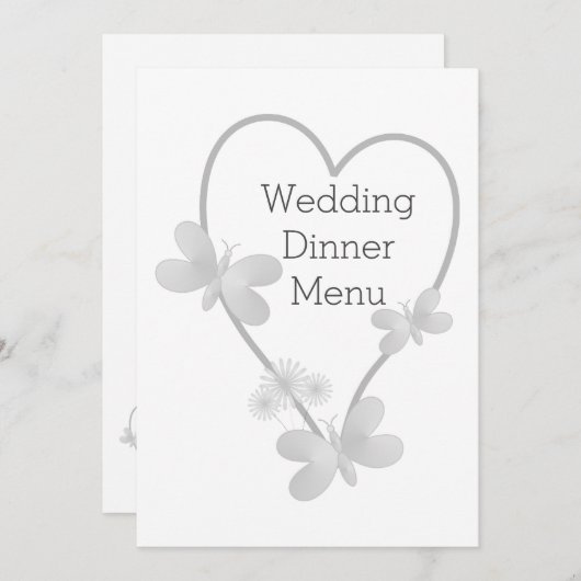 Trouwdiner Menu Zilveren Hart Vlinders (Voorkant / Achterkant)