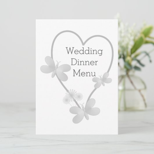 Trouwdiner Menu Zilveren Hart Vlinders (Staand voorkant)