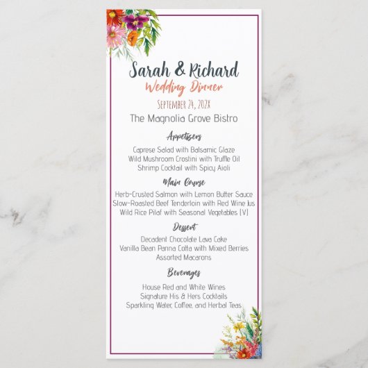 Trouwdiner met wilde bloemen menu (Voorkant)