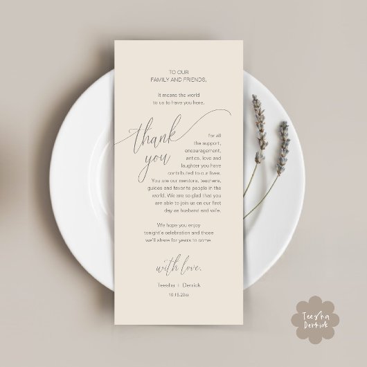 Trouwdiner plaats instelling moderne dank u kaart