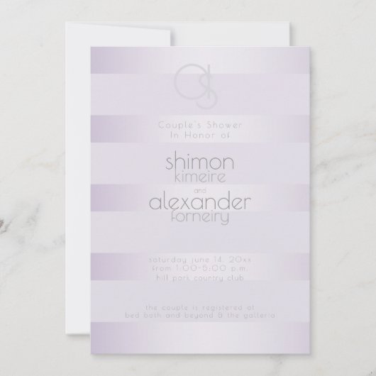 Trouwdouche | Lila Shimmer Stripes Monogram Kaart (Voorkant)