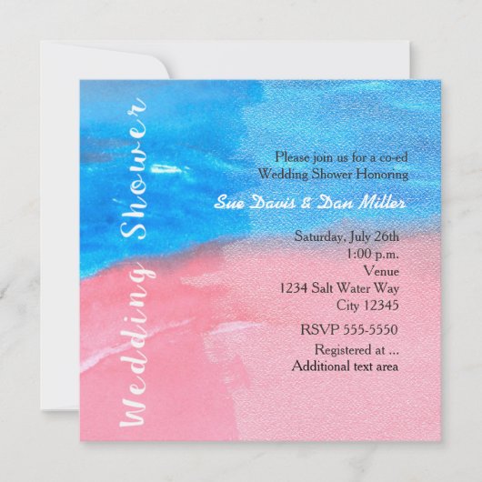 TROUWDOUCHE Waterverf Blauw & Roze Invitation Kaart (Voorkant)