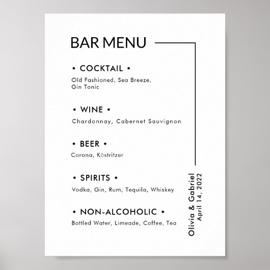Trouwdranken. Eenvoudig modern barmenu bord Poster (Voorkant)