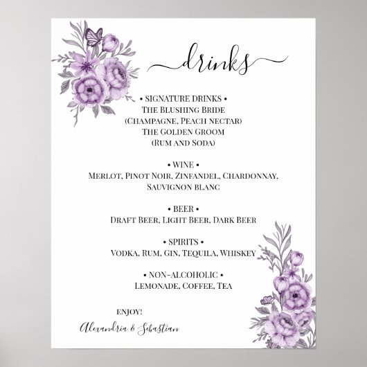 Trouwdrankjes Menu Bord met Bloem Orchidee Poster (Voorkant)