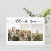 Trouwdrie foto's Elegante dankjewel script Bedankkaart (Staand voorkant)