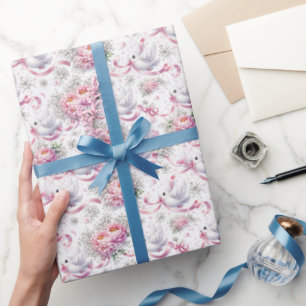 Trouwduiven met roze pioenrozen en linten cadeaupapier