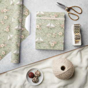 Trouwduiven met Rozen en Lint Cadeaupapier