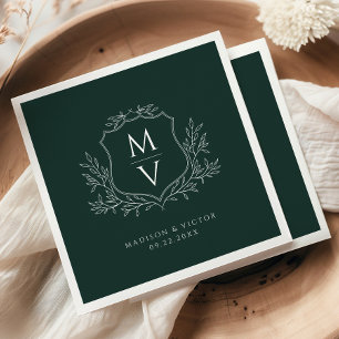 Trouwe Blad Crest Monogram Donkergroene Huwelijk Servet
