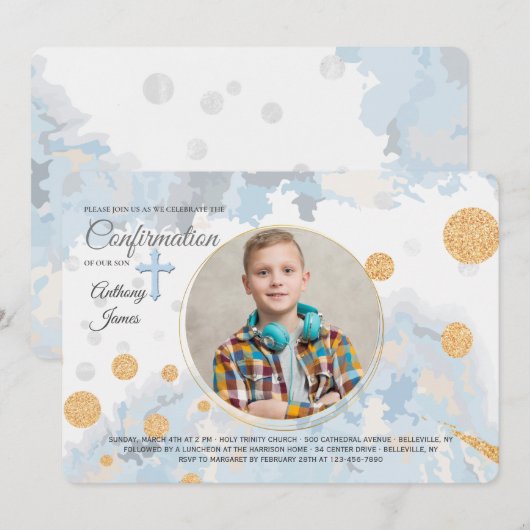 Trouwe blauwe foto religieuze uitnodiging (Voorkant / Achterkant)