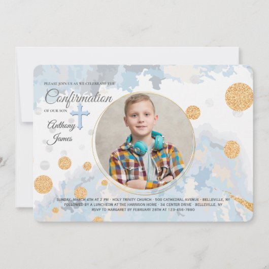 Trouwe blauwe foto religieuze uitnodiging (Voorkant)