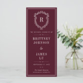 Trouwe Crest Monogram Burgundy & Ivoor Trouwdag Programmakaart (Staand voorkant)