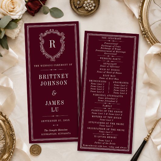 Trouwe Crest Monogram Burgundy & Ivoor Trouwdag Programmakaart