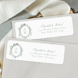 Trouwe Crest Monogram Sage Groene Trouwadreslabels Etiket