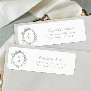 Trouwe Crest Monogram Sage Groene Trouwadreslabels Etiket