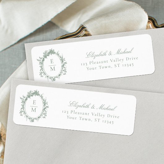 Trouwe Crest Monogram Sage Groene Trouwadreslabels Etiket