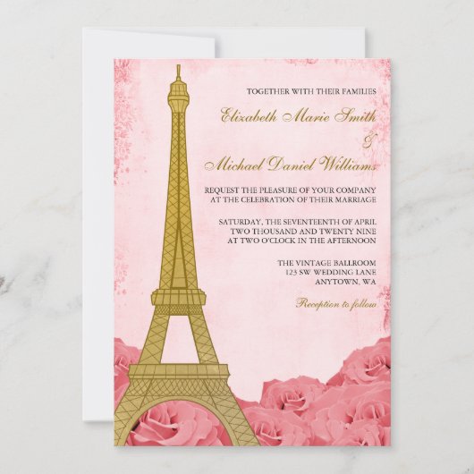 Trouwe Gouden Eiffeltoren Roze Rozen Bruiloft Kaart (Voorkant)