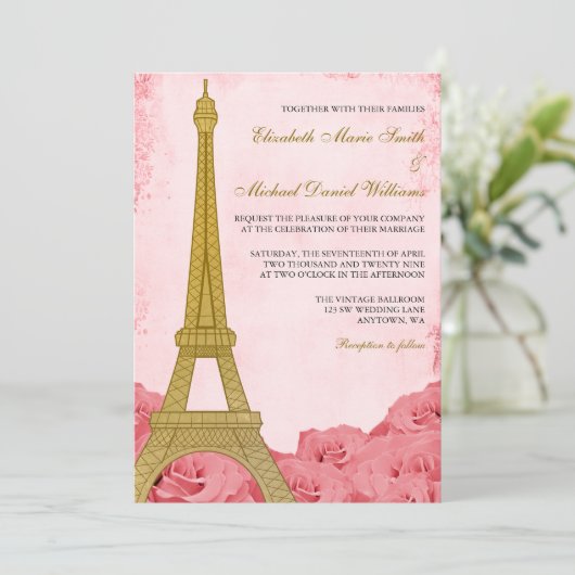 Trouwe Gouden Eiffeltoren Roze Rozen Bruiloft Kaart (Staand voorkant)