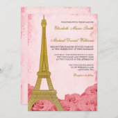 Trouwe Gouden Eiffeltoren Roze Rozen Bruiloft Kaart (Voorkant / Achterkant)